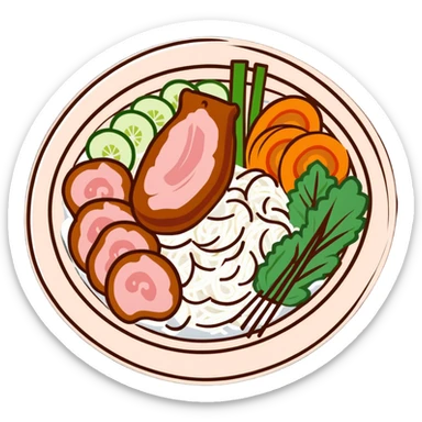 A Vietnamese Bún Thịt Nướng dish with rice noodles, grilled pork, fresh herbs, and vegetables in a bowl sticker