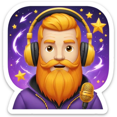 The image shows a striking, colorful logo in a comic or esports style. The centerpiece is a stylized character with a long, yellow-orange beard and striking facial features. The character is wearing large headphones and holding a microphone on each side.

In the background are graphic elements such as lightning bolts and stars, giving the image a dynamic and energetic atmosphere.

Below the character, in bold, white letters, is the word "BOFFINATOR." Below them are three stars, with the center star being larger. The entire design uses bold colors, primarily orange, yellow, purple, and black, giving the image a strong, high-contrast look.

It's very reminiscent of a gaming or streaming logo, possibly for a podcaster, gamer, or esports athlete.

Would you like me to create a custom logo design for you? sticker