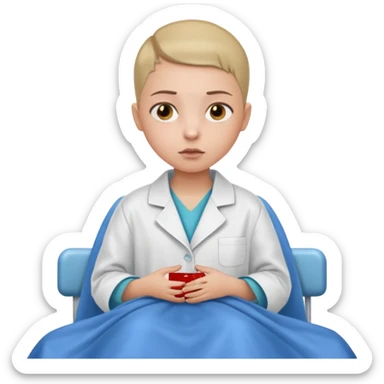 A nine year old girl that is wearing a hospital bed coat that has a buzz cut and her nose is bleeding sticker