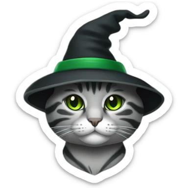 Grey stripped cat with green mantel and black Witch hat sticker