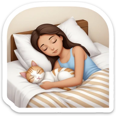 side view brunette teenage girl sleeping with white cat that has beige stripes on a white pillow with white sheets sticker