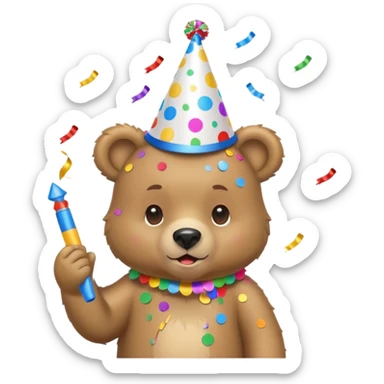 Partying bear cub with confetti and party blower sticker