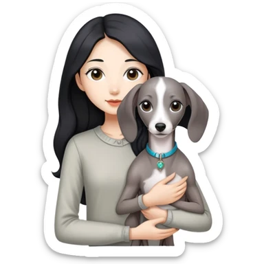 Slim Chinese girl with long black hair holding all grey Italian greyhound sticker