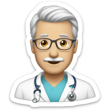 a white doctor with gray hair on the sides. bald in the middle, with glasses and a mustache and blue eyes sticker