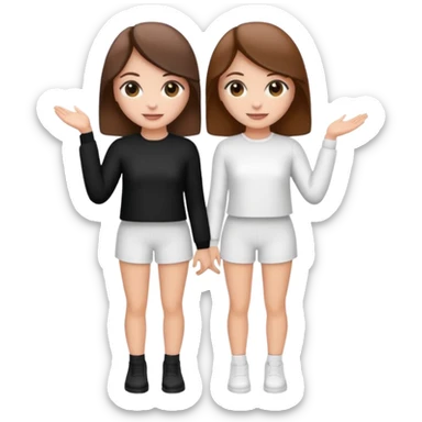 👯‍♀️ generate this emoji, as two white girls, bffs, the same pose but maybe the outfit cuter. we are models. both with brown hair. one girl in white outfit, the other in black sticker