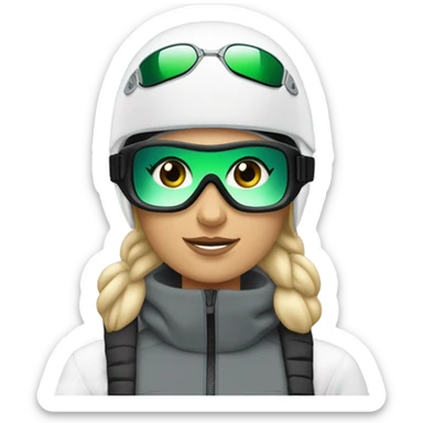 Green-eyed, fat female skier with medium-length straight blonde hair no curls, snow goggles on top of helmet, white ski helmet, gray snow jacket, green ski gloves, long black pants rolled up at the bottom, black only snow boots standing tall. sticker