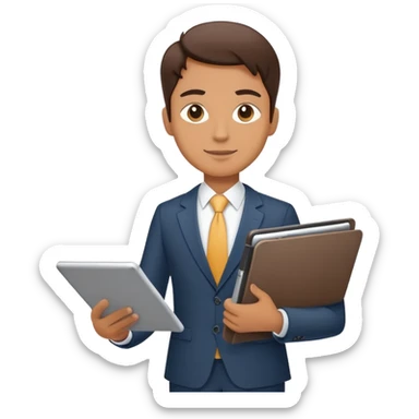 A flat-style illustration of a business executive confidently, holding a digital tablet or folder. The character wears smart business attire sticker