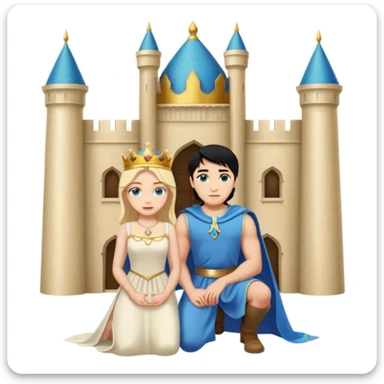 Man as king, standing, black Hair, blue eyes, woman, blonde, green eyes, shott white sleveless Dress, kneeling, background palace sticker