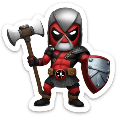 Deadpool holding Viking shield and thors hammer sticker