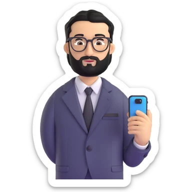 polished standing pose of professional man with medium black beard, black hair styled and combed to one side, connected unibrow, olive tan skin, brown eyes, glasses, prominent nose, dressed in formal black jacket, prominently displaying mobile phone in hand sticker