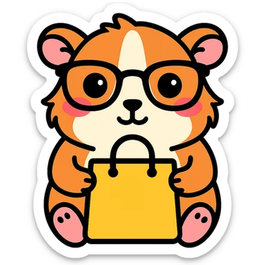 Make the guinea pig match the original reference: same face and glasses style, but holding a shopping bag for a shopping app, in a cute, outlined, colorful style. sticker