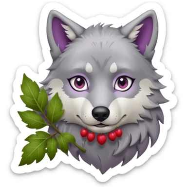 A wolf with lilac gray eyes and holding a weirwood leaf sticker
