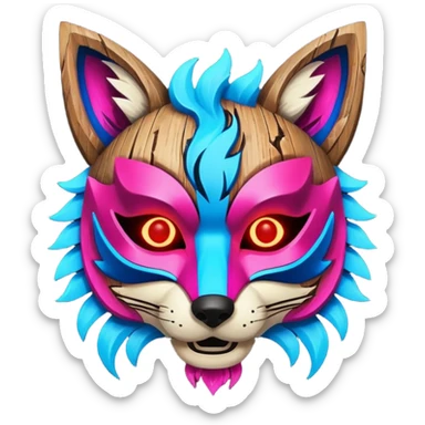 Ancient wooden mask, broken in half, luminous and neon with red, blue, and pink fox-like glow. Fragments of the mask scattered around. sticker