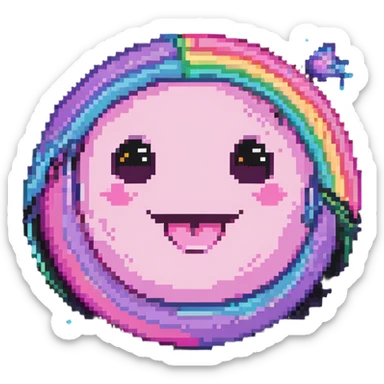 pink planet with vibrant rainbow rings and a cute winking face sticker