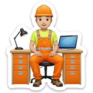 full body male figure in orange hi-vis overalls sitting at a desk, emoji style sticker