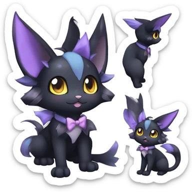 Shiny Cool Edgy pastel Black beautiful ethereal fantasy Kawaii Sona Umbreon-Noibat-Litten-Fakemon-cat-animal with edgy bat-ears bow tie black mane vtuber model Full Body sticker