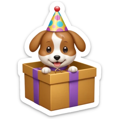 playful dog with a birthday hat, paws in a gift box sticker
