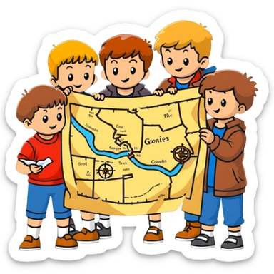 group of goonies kids examining a treasure map sticker