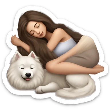 Slavic white girl brunette with long hair sleeping in bed with the Samoyed  sticker