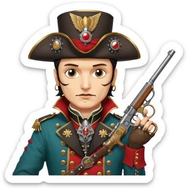 Adam Ant  painted with Indian war colors  is wearing a Hungarian Hussar'S JACKET, holds two steam punk retro guns in his hands sticker