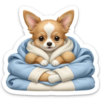 Long haired chihuahua, beige, with white chest and white socks, sleeping cutely under blanket sticker