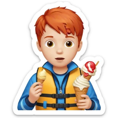 boy kid red haired wearing lifejacket, eating ice cream sticker