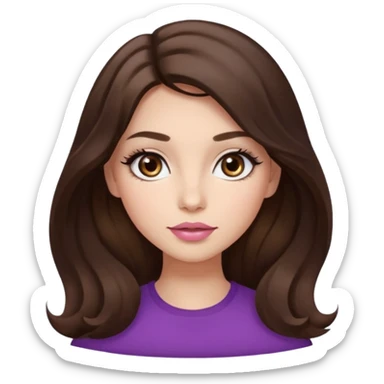 girl with wavy long dark brown hair, brown eyes, light to medium complexion, long lashes, almond shaped eyes, light pink lipstick, square shaped face sticker