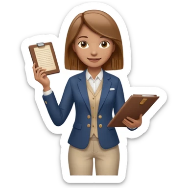 confident female character with straight light brown hair just below shoulders, smiling, academic-inspired outfit smart blazer or vest, light blouse, comfortable pants, standing like quest guide or mentor, holding scroll or digital tablet sticker
