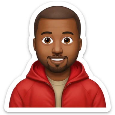 Kanye West wearing a red jacket, smiling, apple emoji style sticker