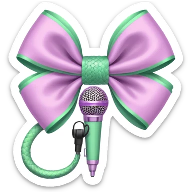 A pastel pink bow with a pastel green snake on the top of one side and a pastel purple microphone on the bottom of the other side sticker