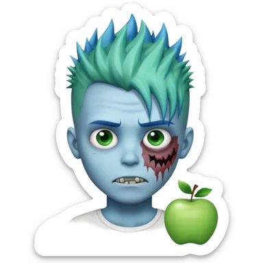 zombie boy with blue-tinted spiky hair, white shirt, cartoonish green face, apple emoji style sticker