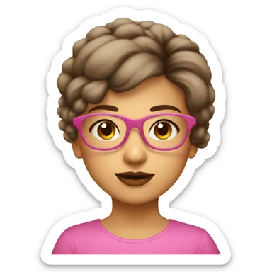 Niña con lentes rosado transparente, pelo corto de color castaño, ojos marrones,  sticker