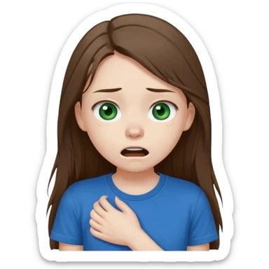 Cute girl with pale skin, long brown hair, dark green eyes, blue t shirt who is chocked sticker