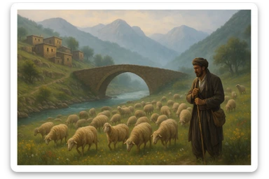 کوردی rural village scene, Kurdish shepherd with flock of sheep, old stone bridge, river, wildflowers, mountainous landscape, early morning mist sticker