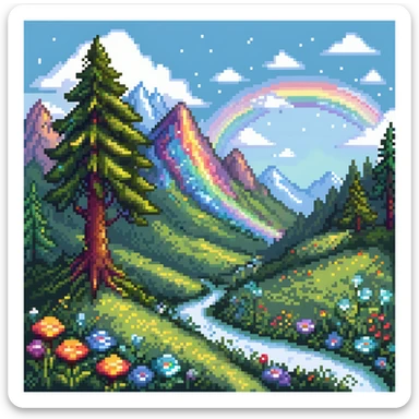 Enchanted meadow with rainbow and crystal mountains sticker