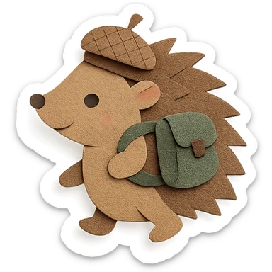 hedgehog with a tiny backpack and acorn hat, muted browns and sage green, paper-craft style sticker