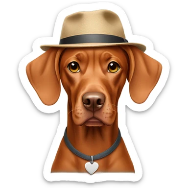 Vizsla wearing a hat sticker