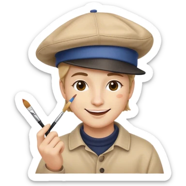 an illustration of myself wearing a French Artist's Hat, my forefinger and middle finger are posed on my chin, and are holding a paint brush, and I am smiling and looking mysterious sticker