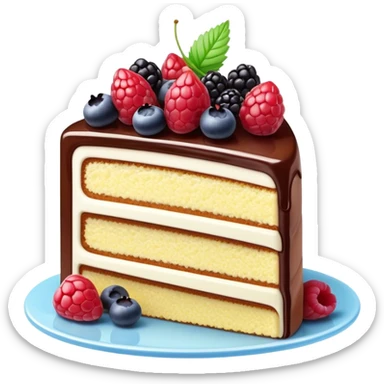 Cinematic luxurious slice of cake, delicate layers of moist sponge and rich frosting, beautifully decorated with fresh berries and a glossy glaze, soft glowing light, elegant and indulgent. sticker