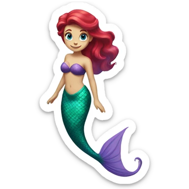 Ariel, the mermaid swimming. Her tail is green, her top is purple, and her hair is bright, red and wavy. She has pale skin and blue eyes. She is swimming. sticker