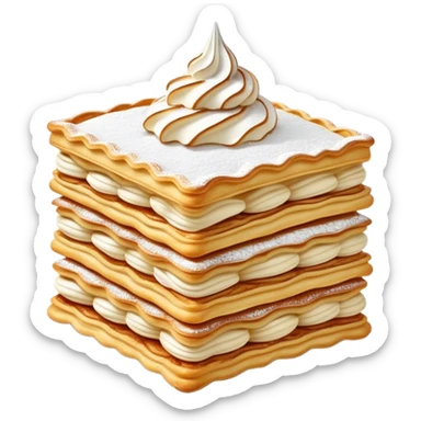 Cinematic Realistic Mille-Feuille Dessert Emoji, depicted as layered puff pastry with rich cream and a dusting of powdered sugar rendered with intricate textures and elegant, soft lighting. sticker