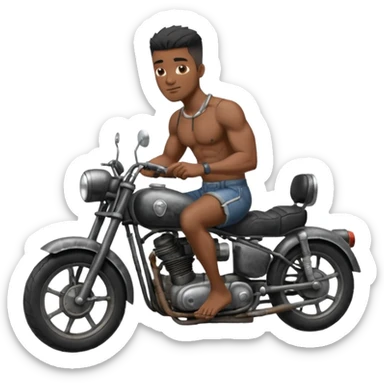 Black big men without shirt riding an old small motorcycle sticker