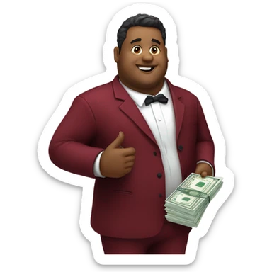 fat guy in dark red velvet suit holding cheque sticker