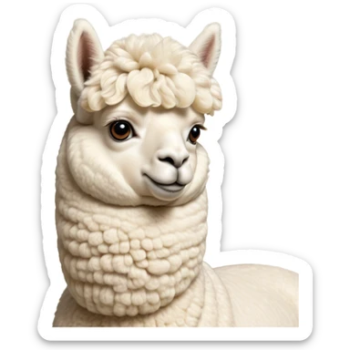 Cinematic Noble Cream Alpaca Portrait Emoji, Poised and regal, with a graceful, sturdy build and a luxuriously soft, well-groomed cream fleece, deep-set soulful gentle eyes, Simplified yet sharp and sophisticated features, highly detailed, glowing with a soft, dignified glow, high shine, intelligent and serene, stylized with an air of pastoral elegance, focused and attentive, soft glowing outline, capturing the essence of a watchful and confident companion, so majestic it feels as though it could stride out of the screen with effortless authority! sticker