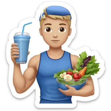 A young male person with a muscular, well-defined build. He has short dark blonde hair, a medium light skin tone, and a neutral facial expression. He wears blue cloth. He is holding a salad in one hand and a protein shake in the other. sticker