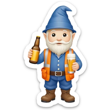 Garden gnome wearing construction clothes holding a bottle of beer sticker