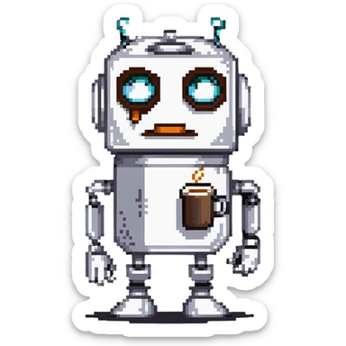 A sleepy robot with droopy eyes holding a coffee mug, looking exhausted sticker