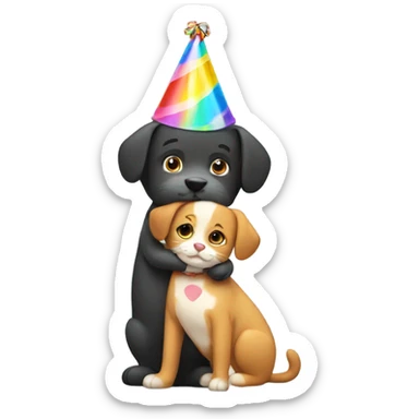 make a dog with a birthday hat while hugging a cat sticker