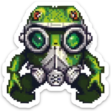 a frog wearing a gas mask, lurking in the shadows like a stalker sticker
