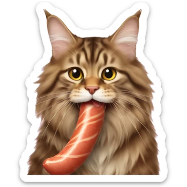 Maine coon eats a big sausage sticker